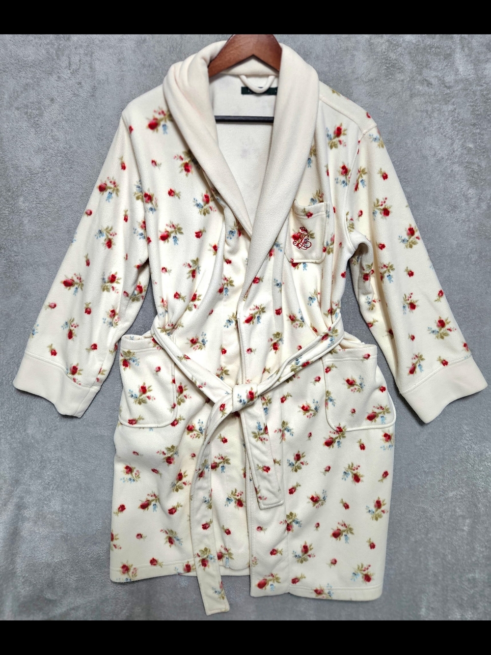 Lauren Ralph Lauren Floral Printed Ivory Fleece Belted Robe - Women’s Large